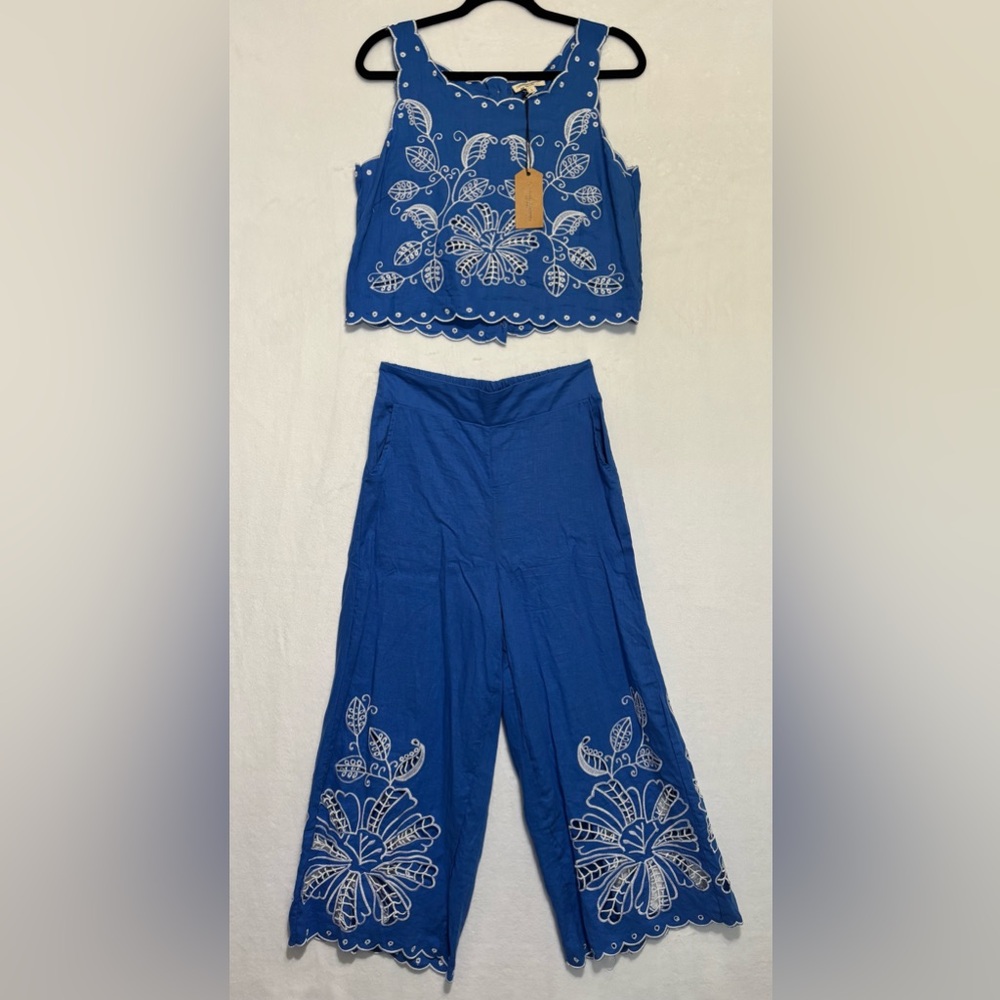 Christian Siriano Blue Embroidered Wide-Leg Two-Piece Set